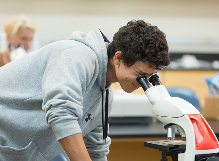 male student looking in microscope