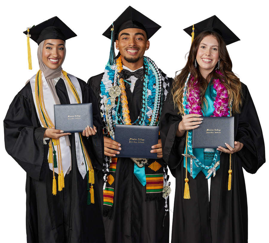 Three Mission College students in graduation attire